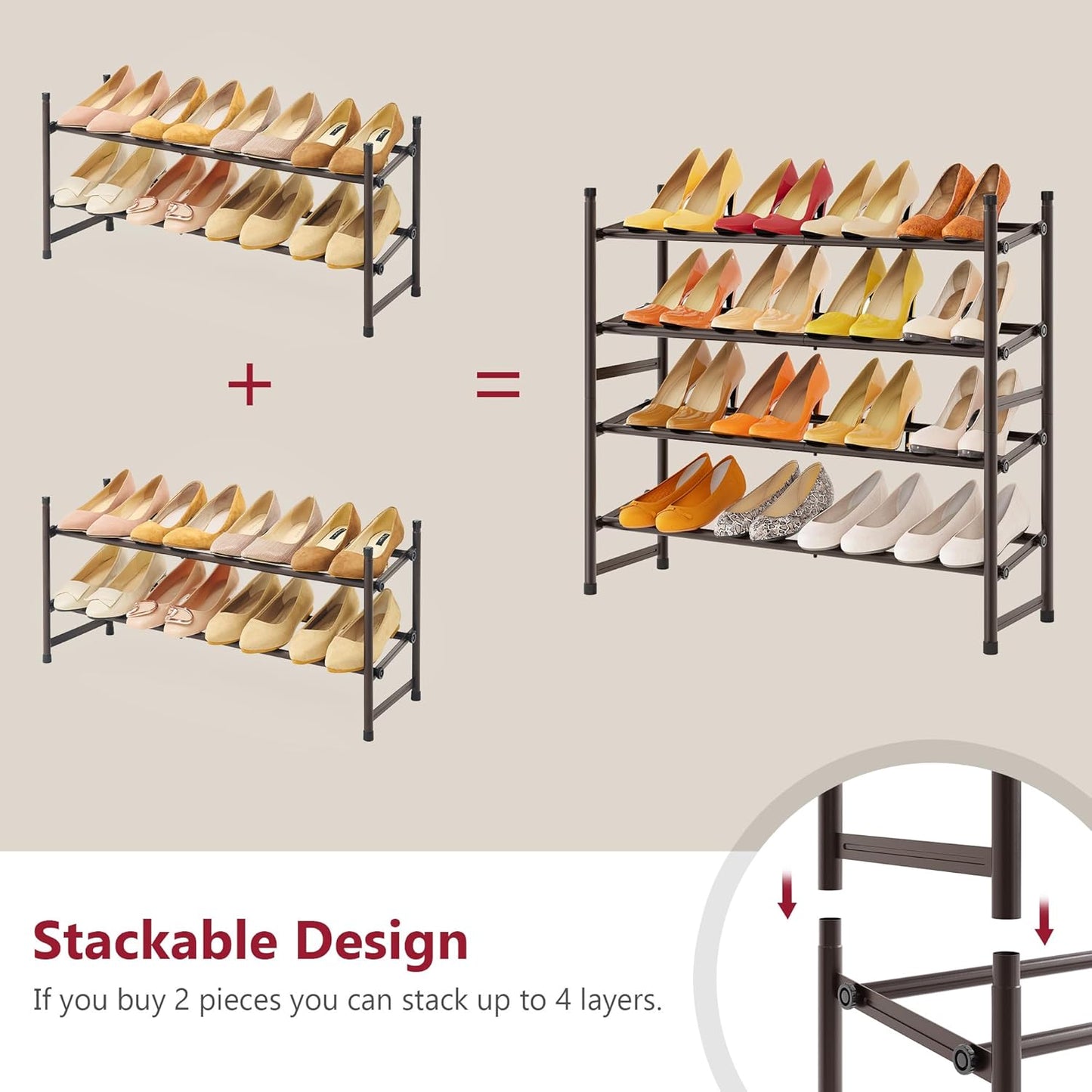 Tajsoon Expandable Shoe Rack for Closet 3 Tier, 28“-41“Adjustable & Stackable Shoe Shelf Storage, Metal Shoe Rack Organizer for Front Door Entrance, Closet, Garage, Entryway, Black