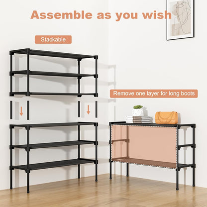 32.3" Widening Design Shoe Rack for Closet 16 Pairs Small Spaces Non-Woven 3 Tier Shoe Organizer Stackable Metal Shoe Shelf for Entryway, Bedroom