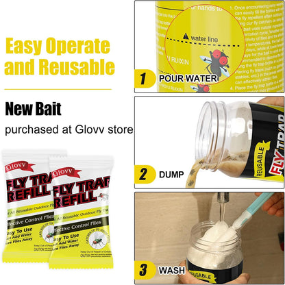 Reusable Fly Traps Outdoor Bottles, 3 Pack Fly Killer Catcher Jar with 6 Natural Magnet Bait Refills Lure, Flies Bug Insect Trap Control Outdoor Hanging for Outside Barns, Stable, Patio