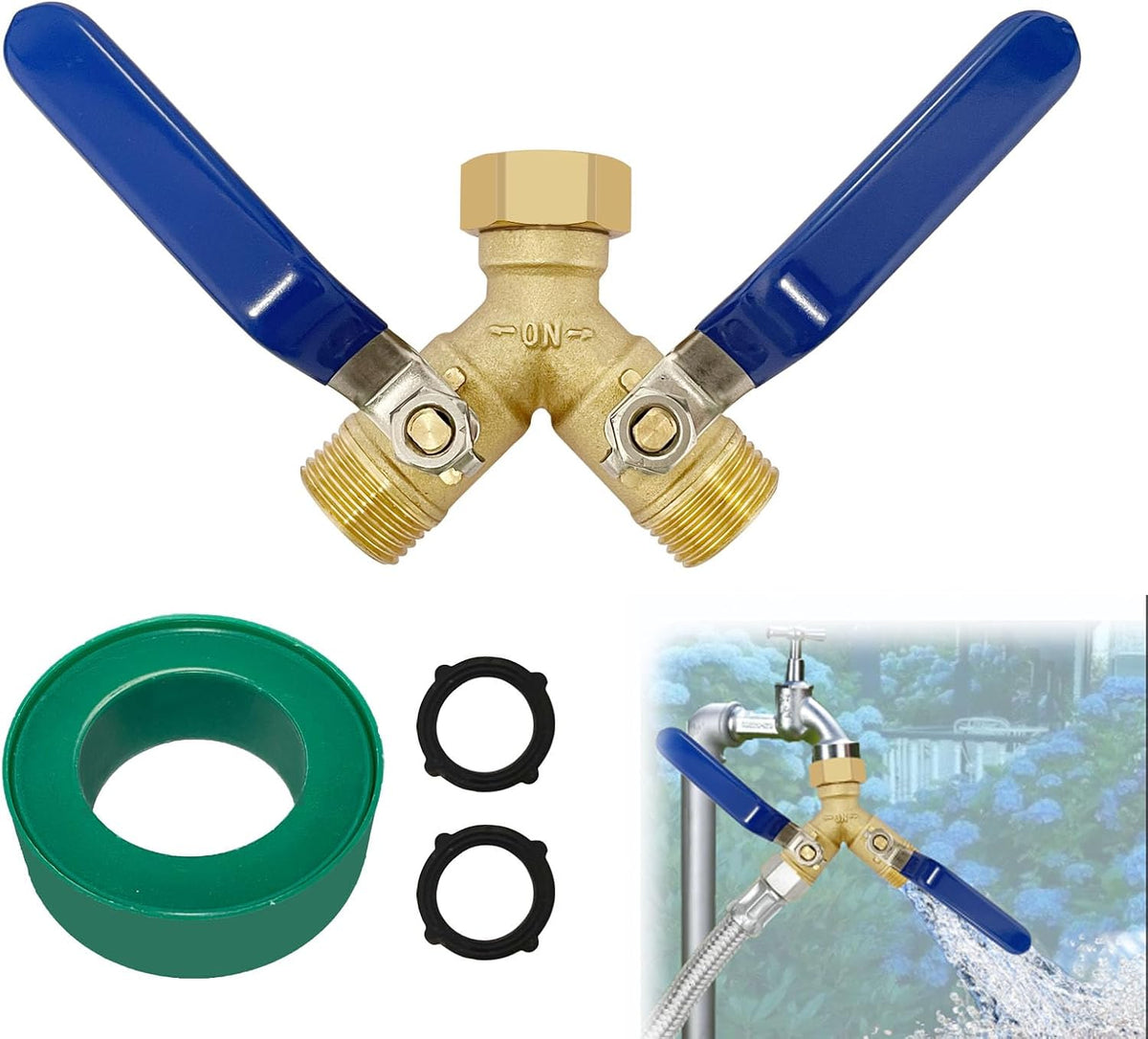 Garden Hose Splitter 2 Way Heavy Duty Brass with 304 Stainless Steel Elevated Handle Full Flow Water Hose Connector, Y Valve 3/4 Inch GHT Thread