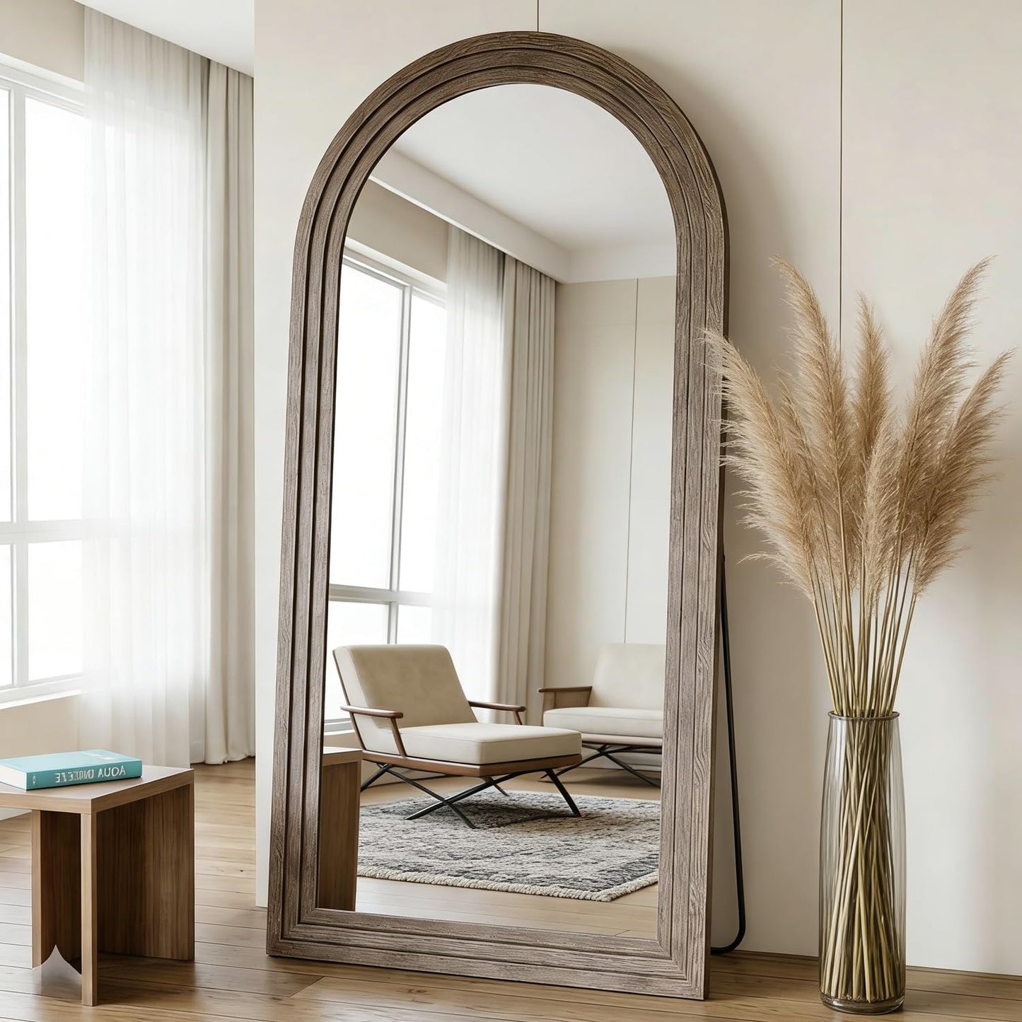 71x32 Inch Arched Full Length Mirror with Solid Wood Frame Wall Mounted Floor Mirror, Vertical Hanging Leaning Standing Mirror for Living Room, Bedroom, Entryway, Brown
