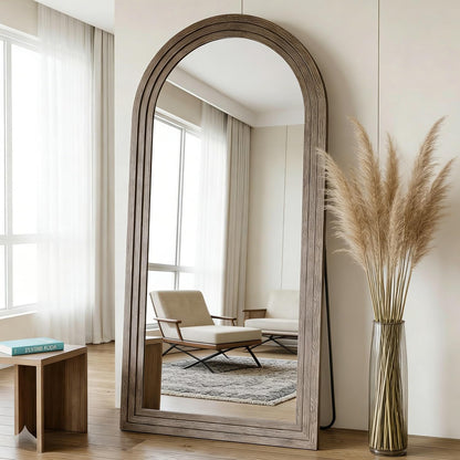 71x32 Inch Arched Full Length Mirror with Solid Wood Frame Wall Mounted Floor Mirror, Vertical Hanging Leaning Standing Mirror for Living Room, Bedroom, Entryway, Brown