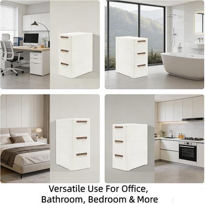 Storage Drawers on Wheels, 3-Drawer Slim Rolling Storage Cart with 4 Casters, Narrow Plastic Organizer for Bathroom Bedroom Kitchen Classroom, Space-Saving Mobile Cabinet