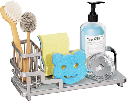 Consumest Sponge Holder for Kitchen Sink - Sink Caddy Organizer with Water Absorbing Stone Tray, Detachable Brush Holder, Stainless Steel Kitchen Counter Organizer Rack, Black