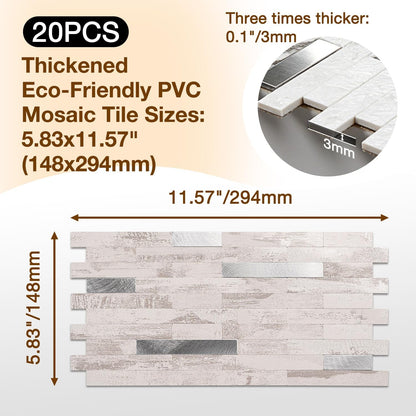 Peel and Stick Backsplash Tile Waterproof Removable PVC Wall Sticker 3D Faux Stone Marble Brick White Accent Panels (White Marble - Metal Silver, 20 Tiles - 9 sq. ft. (0.84 M²))