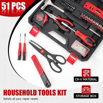 51-Piece Red Tool Set, Home Tool Kit with Toolbox Storage Case Home Repair Tool Kit with Drawer for Women2
