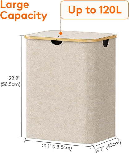 Lifewit 120L Laundry Basket with Lid, Clothes Hampers for Laundry with Bamboo Handles and 2 Removable Bag, Large Foldable Laundry Hamper for Bedroom, Bathroom, Dorm, Laundry Room, Beige