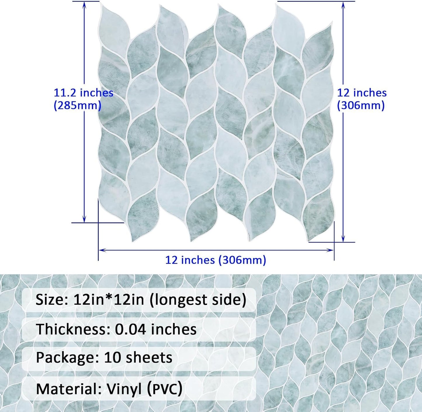 Tilingview 10 Pcs Vinyl Leaf Peel and Stick Tile for Kitchen Backsplash, Premium Self-Adhesive Tiles Plastic Wall Stickers Art Mosaics (Blue Gray)