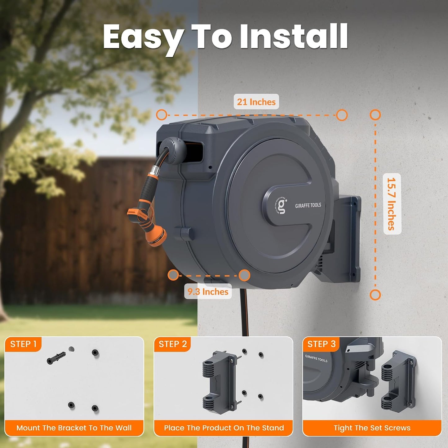 Giraffe Tools Retractable Garden Hose Reel 1/2 Inch x 130 ft, Super Heavy Duty, Any Length Lock, Slow Return System, Wall Mounted and 180 Deg Swivel Bracket