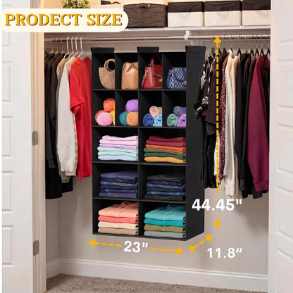 Ofiray-home 6 Tier Hanging Closet Organizer, 16 Compartments Sweater Organizer for Closet with 3 Sturdy Hooks, Closet Organizers and Storage, Wardrobe, Rv, Garment Rack, Grey