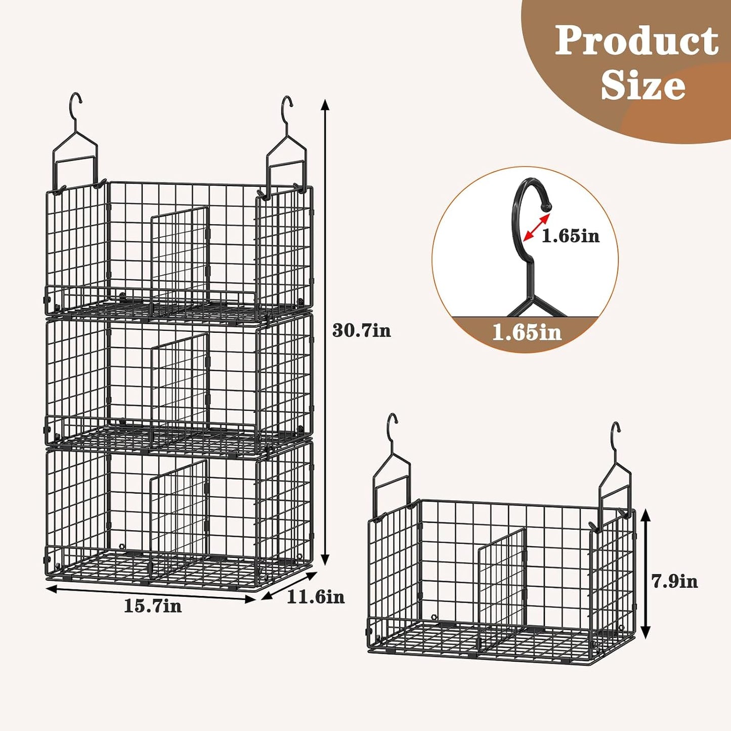 Sonyabecca 3-Tier Hanging Closet Organizers and Storage, Foldable Stackable Wire Basket Bins with 5 S Hooks, Space-Saving Hanging Closet Shelf for Clothing, Sweaters, Handbags, Hats,Purse