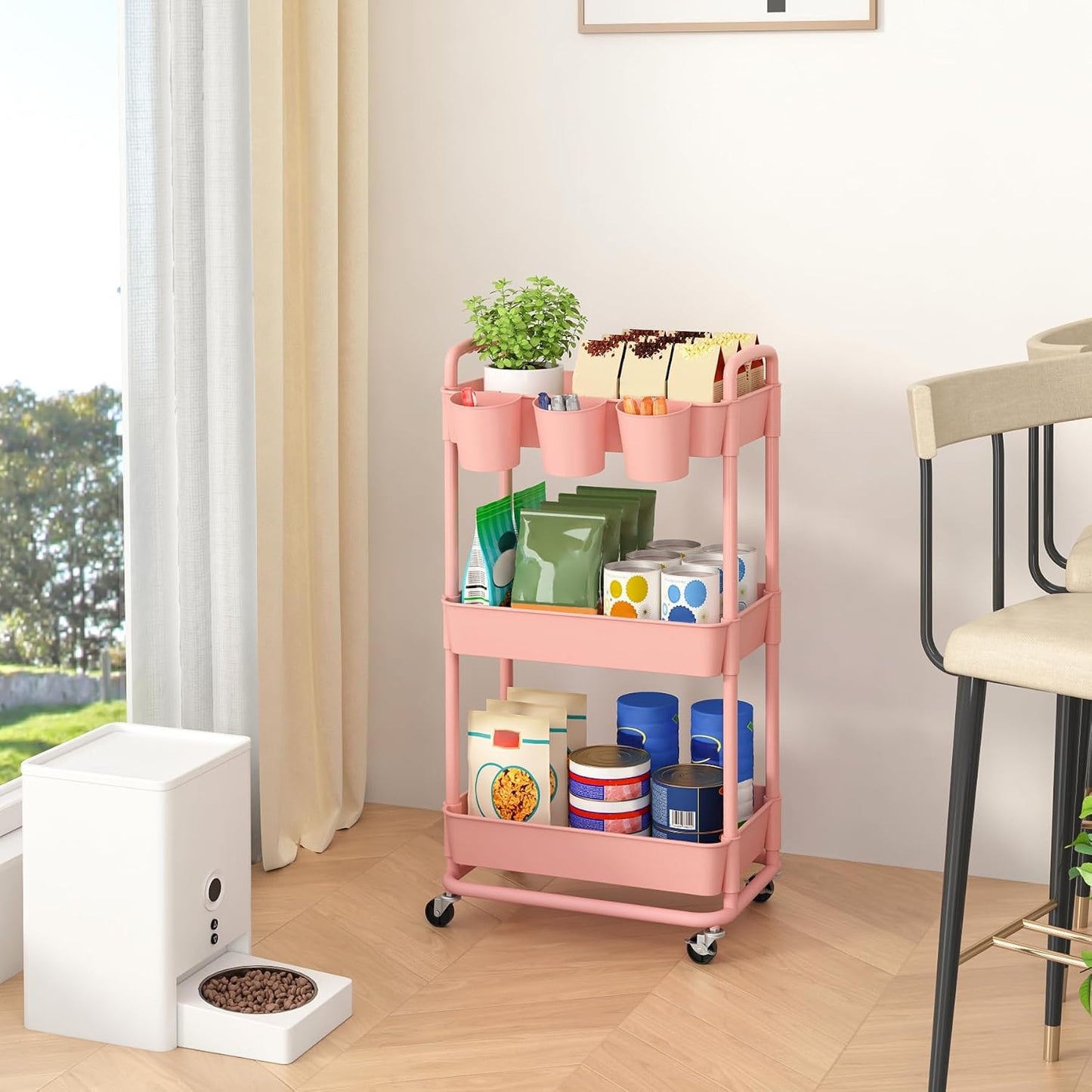 JIUYOTREE 4-Tier Plastic Rolling Storage Cart Utility Cart with Extra Hanging Cups Handles Lockable Wheels for Living Room Bathroom Kitchen Office White