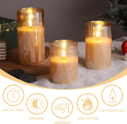 Eywamage Smoke Grey Ribbed Glass Flameless Pillar Candles with Remote, Flickering LED Wax Candles Battery Operated Set of 3