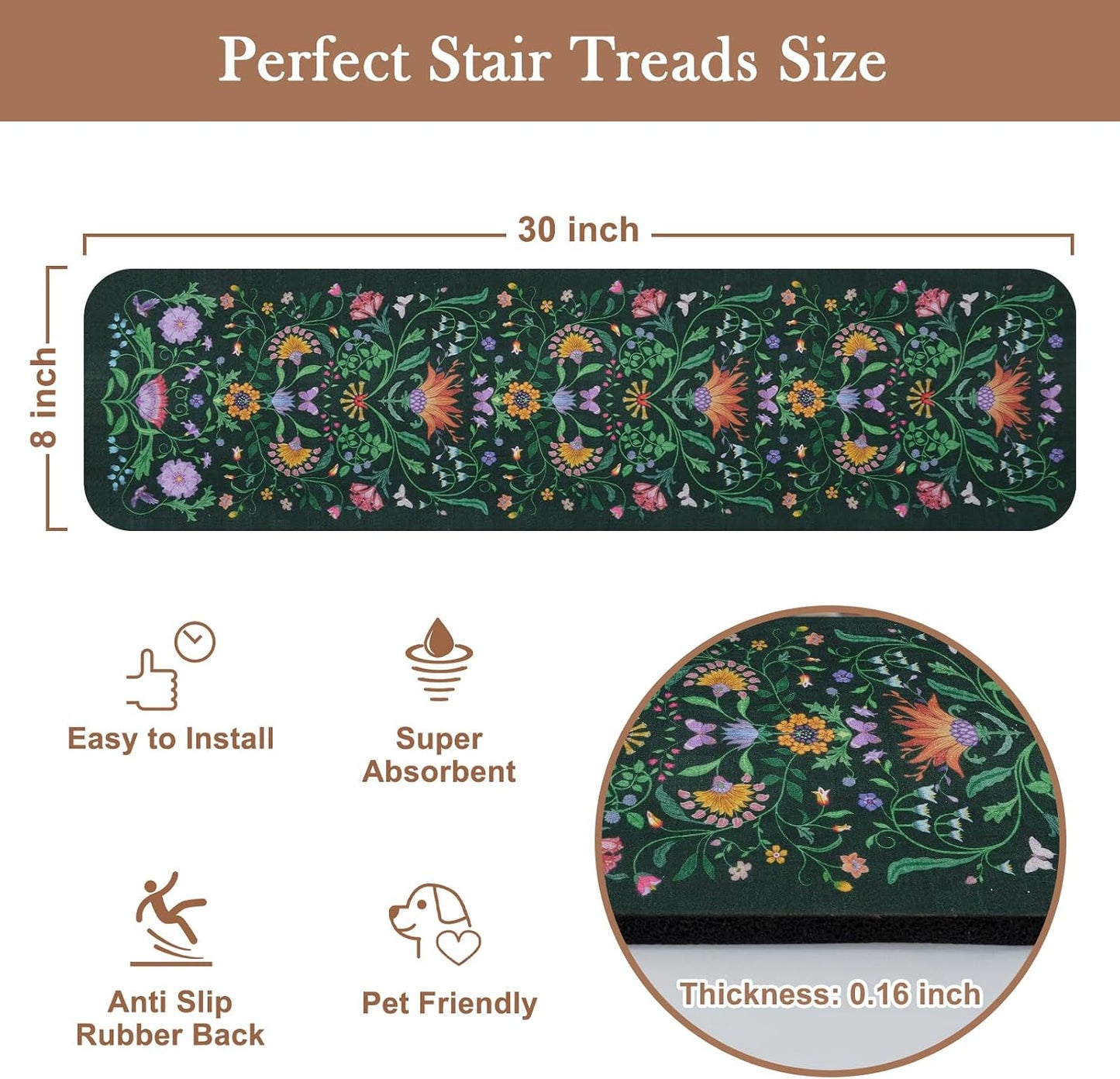 OJIA Floral Stair Treads Non-Slip Carpet Stair Treads for Wooden Steps Indoor 15PCS 30"x8" Stair Runner Stair Mats Staircase Step Treads for Kids, Elders and Dogs, Stair Covers, Black
