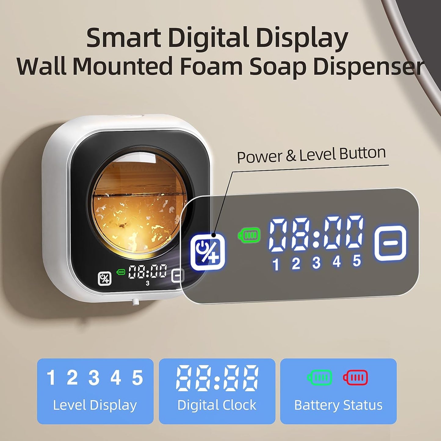 Automatic Foaming Soap Dispenser, Wall Mounted Soap Dispenser, 320ML Electric Smart Touchless Rechargeable, 5 Adjustable Foam Levels, No-Drill Waterproof for Bathroom, Kitchen, Office (Black)
