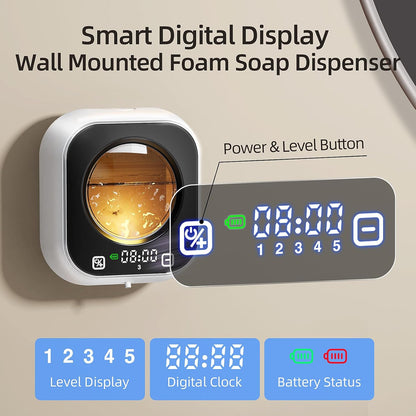 Automatic Foaming Soap Dispenser, Wall Mounted Soap Dispenser, 320ML Electric Smart Touchless Rechargeable, 5 Adjustable Foam Levels, No-Drill Waterproof for Bathroom, Kitchen, Office (Black)
