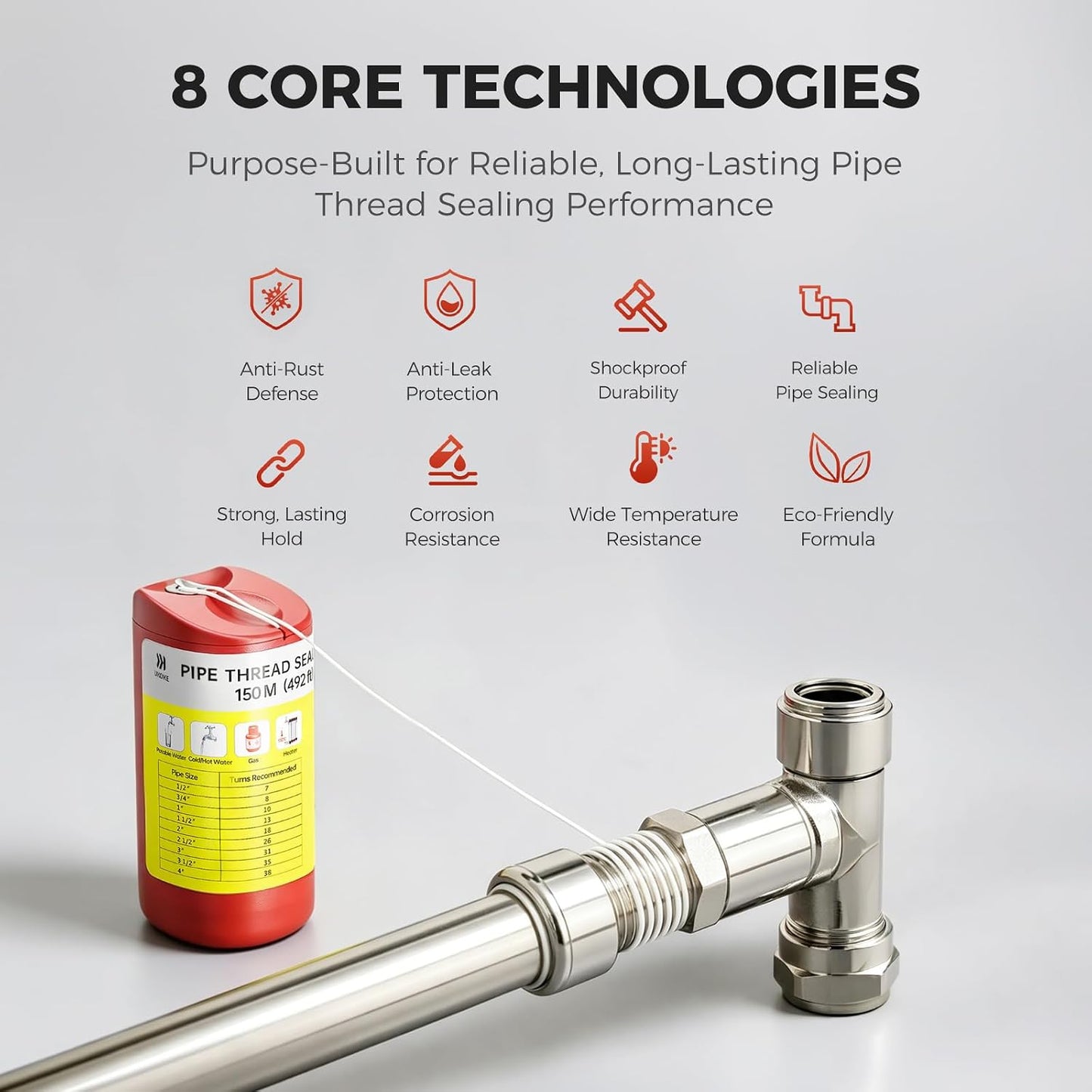 Ukoke 492ft Pipe Thread Sealant Cord – Adjustable NPT Thread Sealer for Plumbing, Gas & HVAC, Cleaner PTFE Tape Upgrade for Stainless Steel, PVC & Copper Pipes (1/8" to 4" Fittings)-150M
