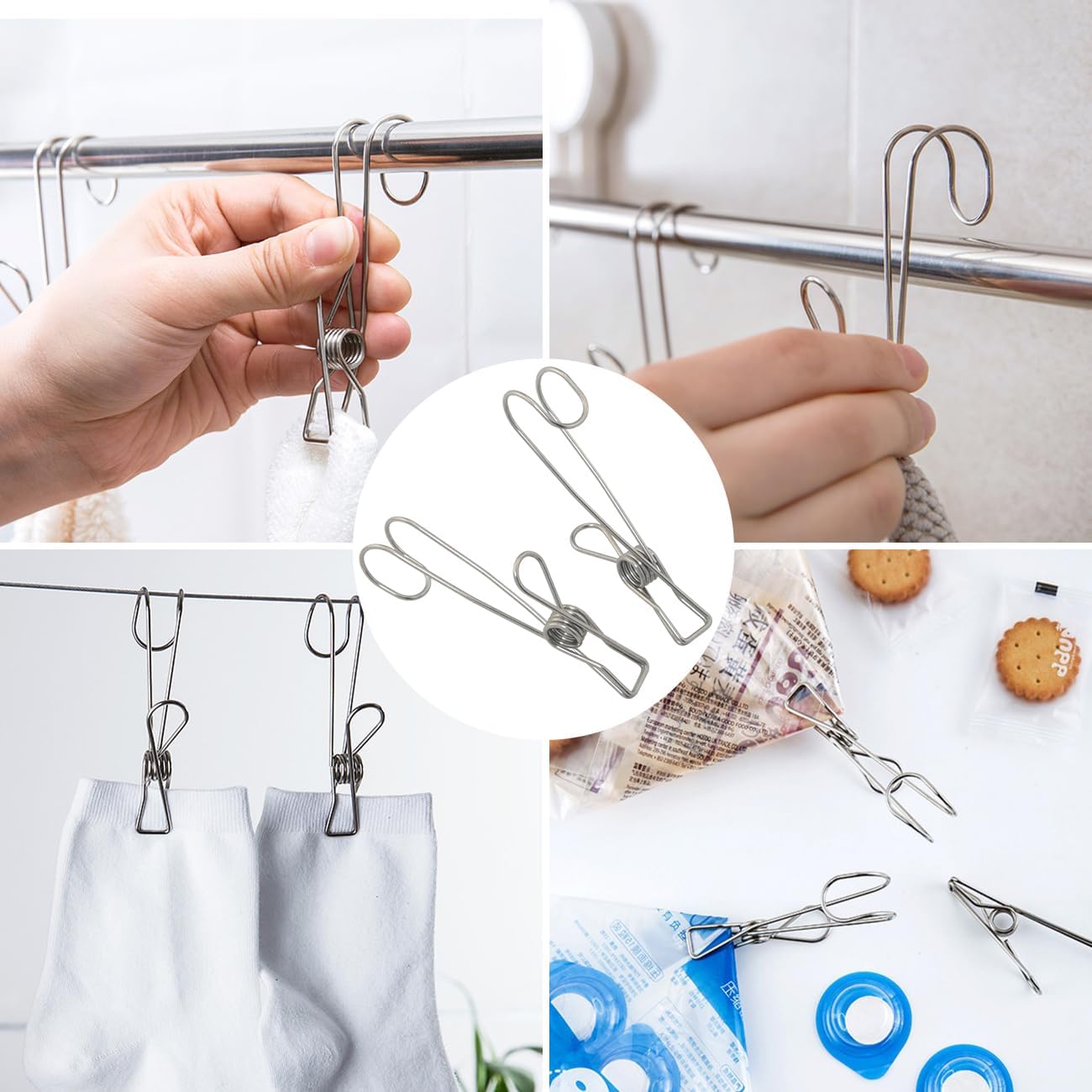 10PSC Kitchen Stainless Steel Clips with Hooks Large Size 4.33 x 0.63 inches Hanging Bathroom Clips for Drying Clothes and Hanging Towels