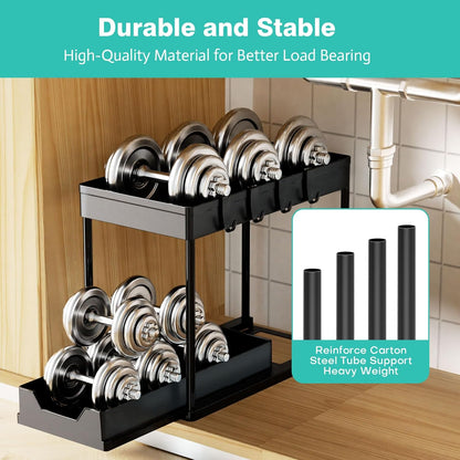 Under Sink Organizers and Storage 2 Pack, Pull-Out Sliding Cabinet Organizer with 2-Tier Storage Shelf & 4 Hooks, Multi-Purpose for Kitchen & Bathroom (13 Inch, White)