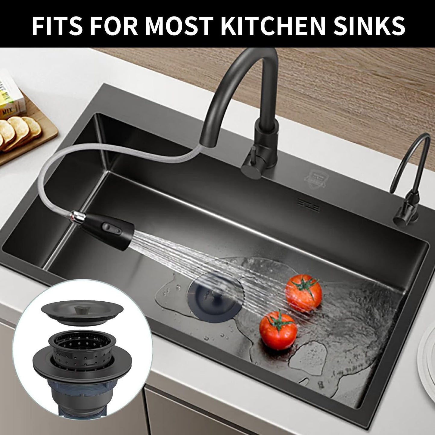 Kitchen Sink Drain Assembly Kit, 3-1/2 Inch Brushed 304 Stainless Steel Basket Strainer with Deep Removable Basket, Stopper & Cover Lid, Fits Standard Kitchen Sinks