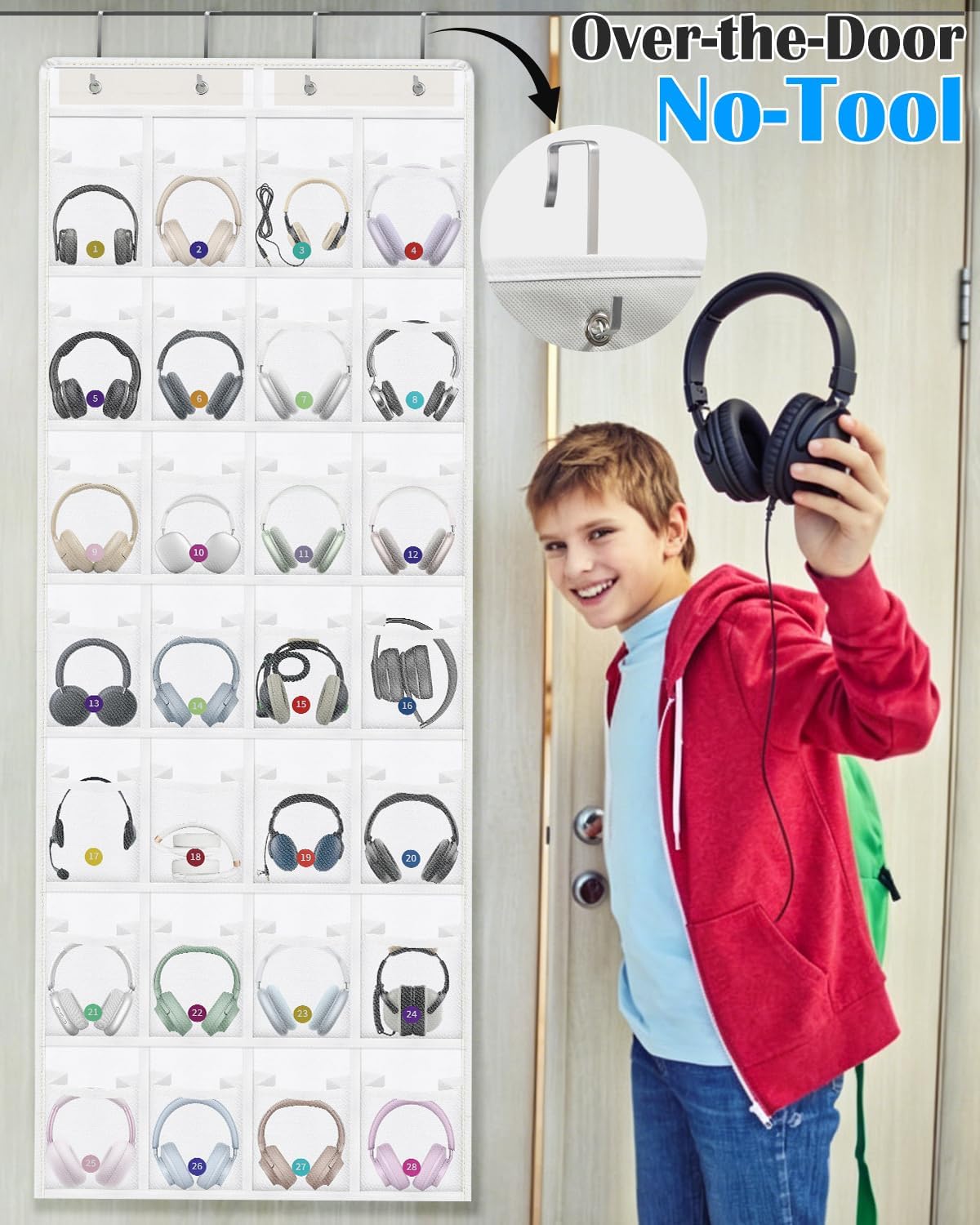 Classroom Headphone Storage Organizer with 28 Large Pockets and 100 Labels | Fabric Durable Classroom Pocket Chart Over The Door Hanging Headphone Holder Bag School Supplies Teacher Essentials, Grey