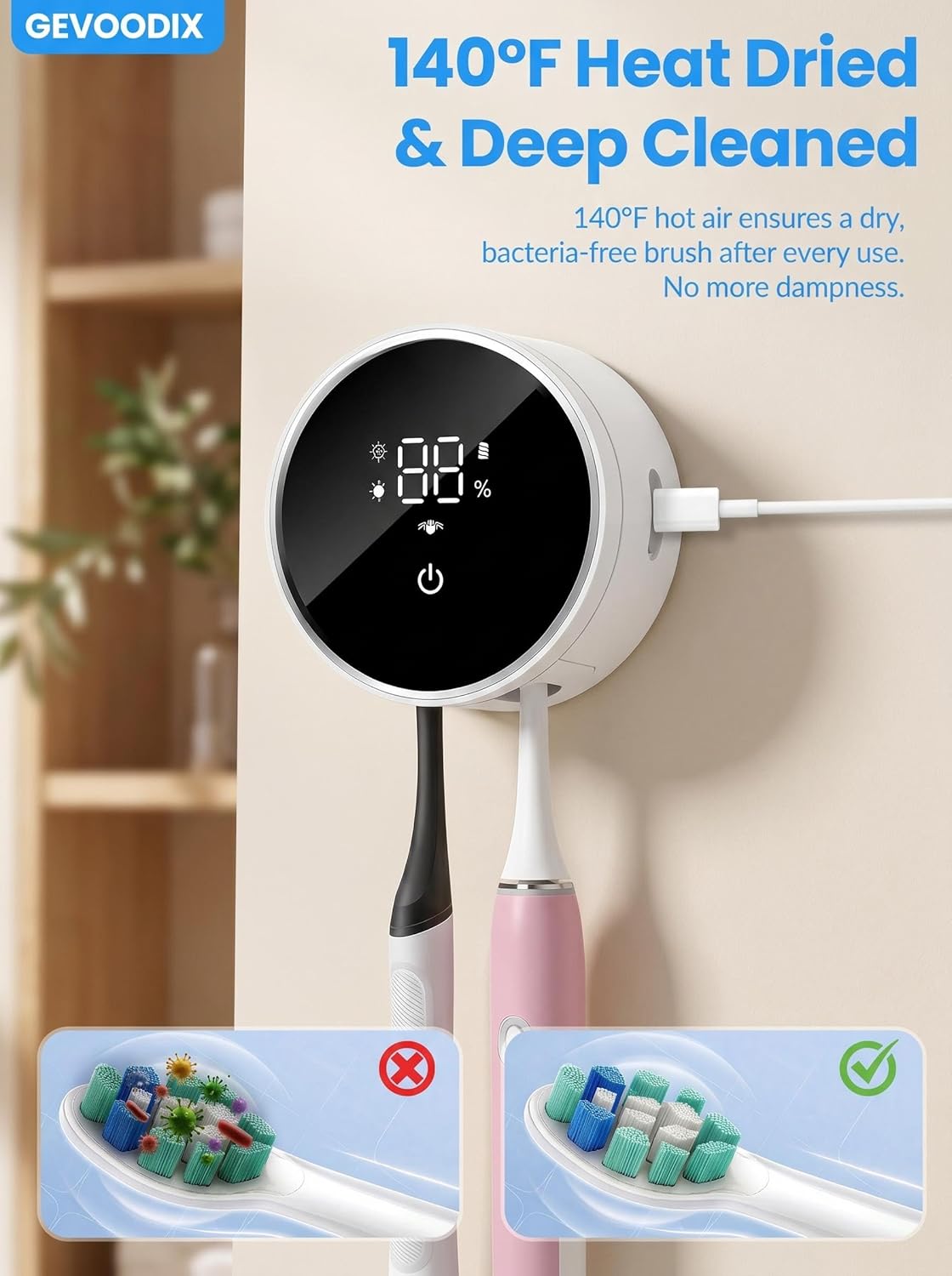 Toothbrush Sanitizer and Holder, Toothbrush Holders for Bathroom, Tooth Brush Wall-Mounted Cleaner Organizer with Auto-Inductive Cover, Air Drying Fits Most Electric, Manual and Kids’ Toothbrushes