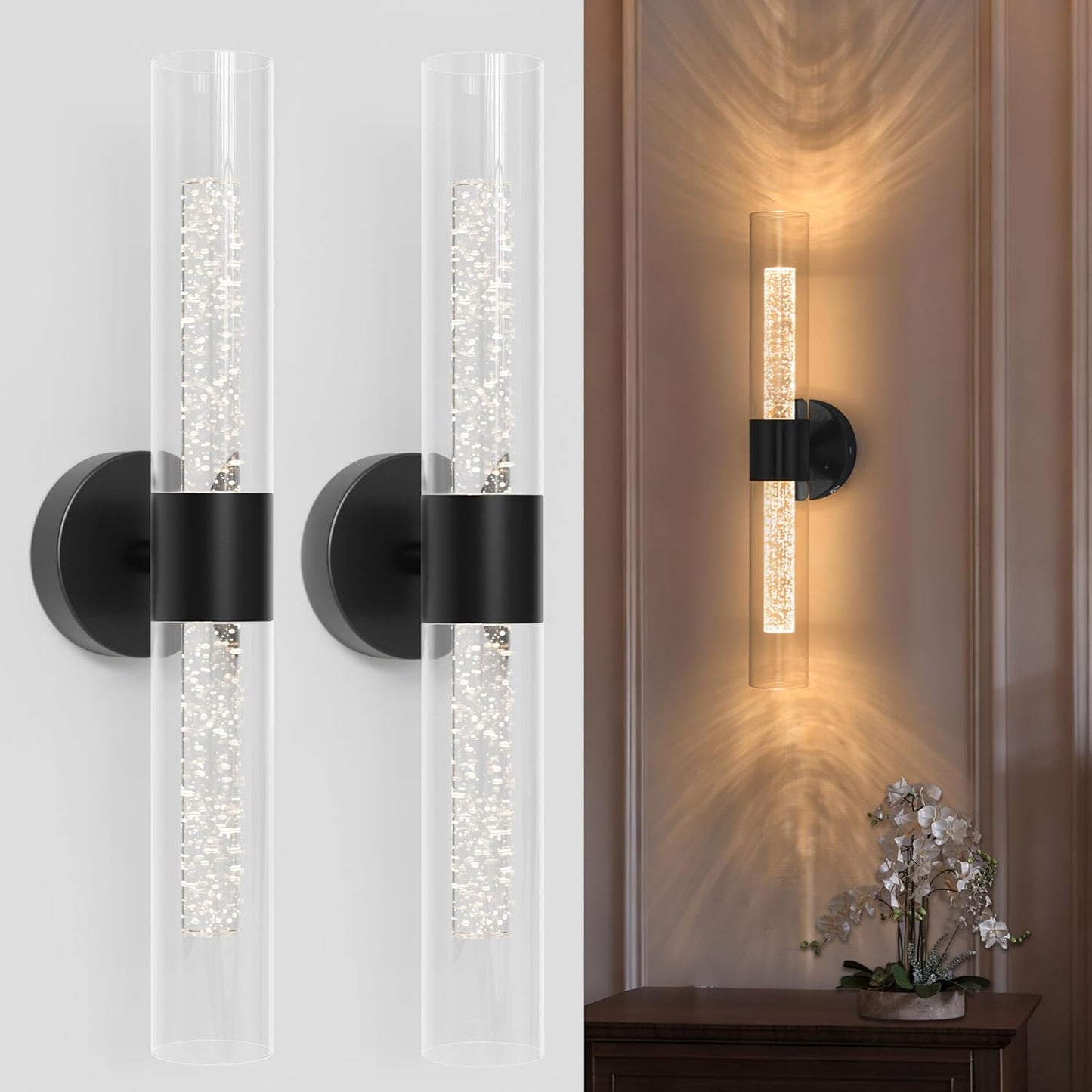 10000mAh Battery Operated Wall Sconce Set of 2, Rechargeable Wireless Wall Lights with Remote Control, Dimmable Timer 3 Color Temperature Glass Wall Lamp for Living Room Bedroom Gold 21.5 Inch