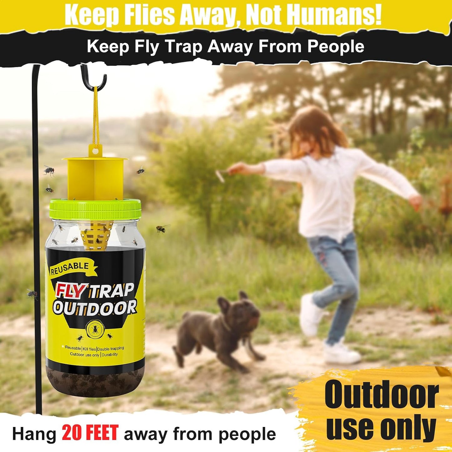 4 Fly Traps Outdoor Fly Trap with 4 Dissolvable Bait Refills, Reusable Hanging Bug Catcher Killer Bottle for Outside Bug Control Patio Yard Ranch Barns Stable, Hanging Rope, Brush Included