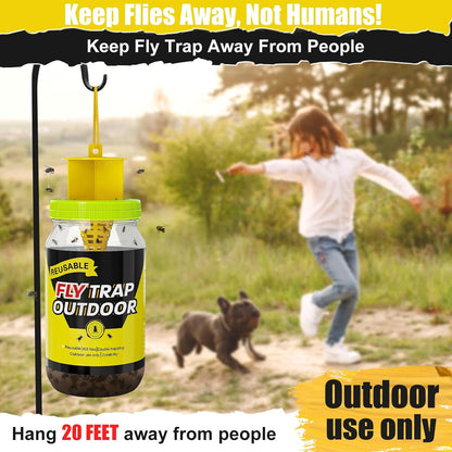 4 Fly Traps Outdoor Fly Trap with 4 Dissolvable Bait Refills, Reusable Hanging Bug Catcher Killer Bottle for Outside Bug Control Patio Yard Ranch Barns Stable, Hanging Rope, Brush Included