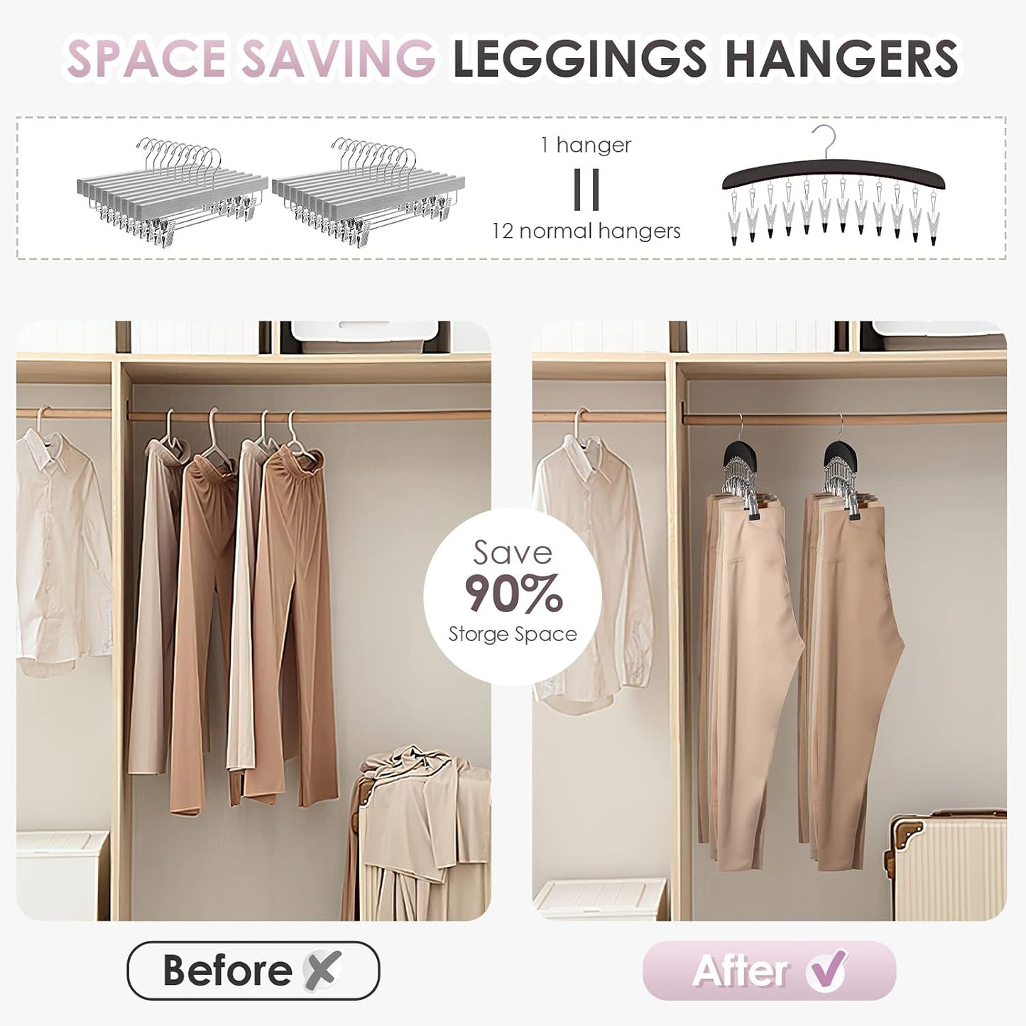 MEILIDY Wooden Leggings Hangers, Scarf Hangers for Closet, Black, 2 Pcs | 24 Clips, 360° Swivel Hook, Hanging Storage Organizer for Scarves, Pants, Hats, Skirts, Bras, Camisoles, Tank tops, Gloves