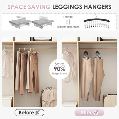 MEILIDY Wooden Leggings Hangers, Scarf Hangers for Closet, Black, 2 Pcs | 24 Clips, 360° Swivel Hook, Hanging Storage Organizer for Scarves, Pants, Hats, Skirts, Bras, Camisoles, Tank tops, Gloves