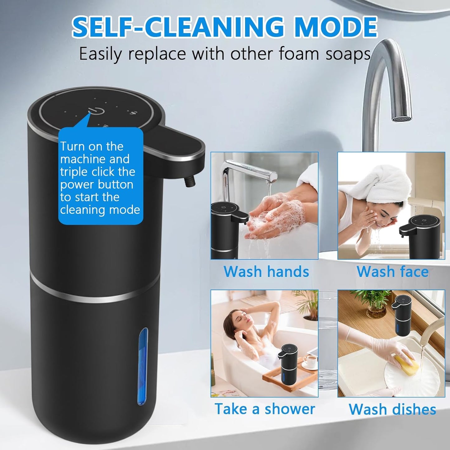 Automatic Soap Dispenser Touchless, USB Rechargeable Automatic Foaming Soap Dispenser, 12.8oz/380mL, 4 Level Adjustable, 1500mAh Smart Wall Mounted for Bathroom Kitchen Dish/Hand Soap