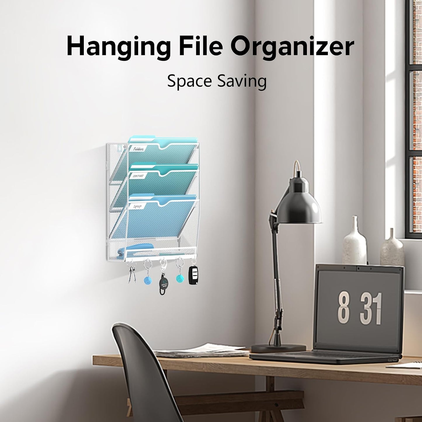 5 Tier Wall File Organizer - Hanging File Organizer with 5 Hooks, Mail Holder Wall Mounted for Papers, Folders, Magazines, Bills, Office&School Organization, Black