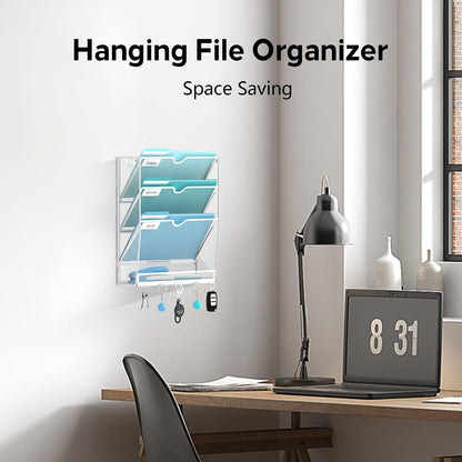 5 Tier Wall File Organizer - Hanging File Organizer with 5 Hooks, Mail Holder Wall Mounted for Papers, Folders, Magazines, Bills, Office&School Organization, Black