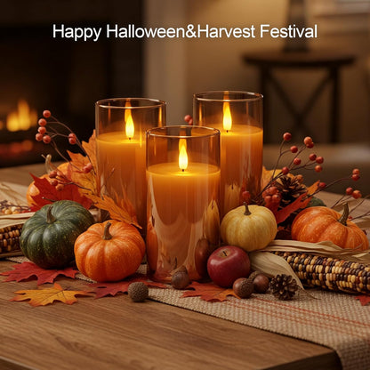 5plots Glass Battery Operated White Flameless Candles with Remote Timer, 3D Wick Real Wax Pillar Led Candles Warm Flickering Light for Indoor Home, Halloween, Christmas Decor, Set of 3, D3 x H4 5" 6"