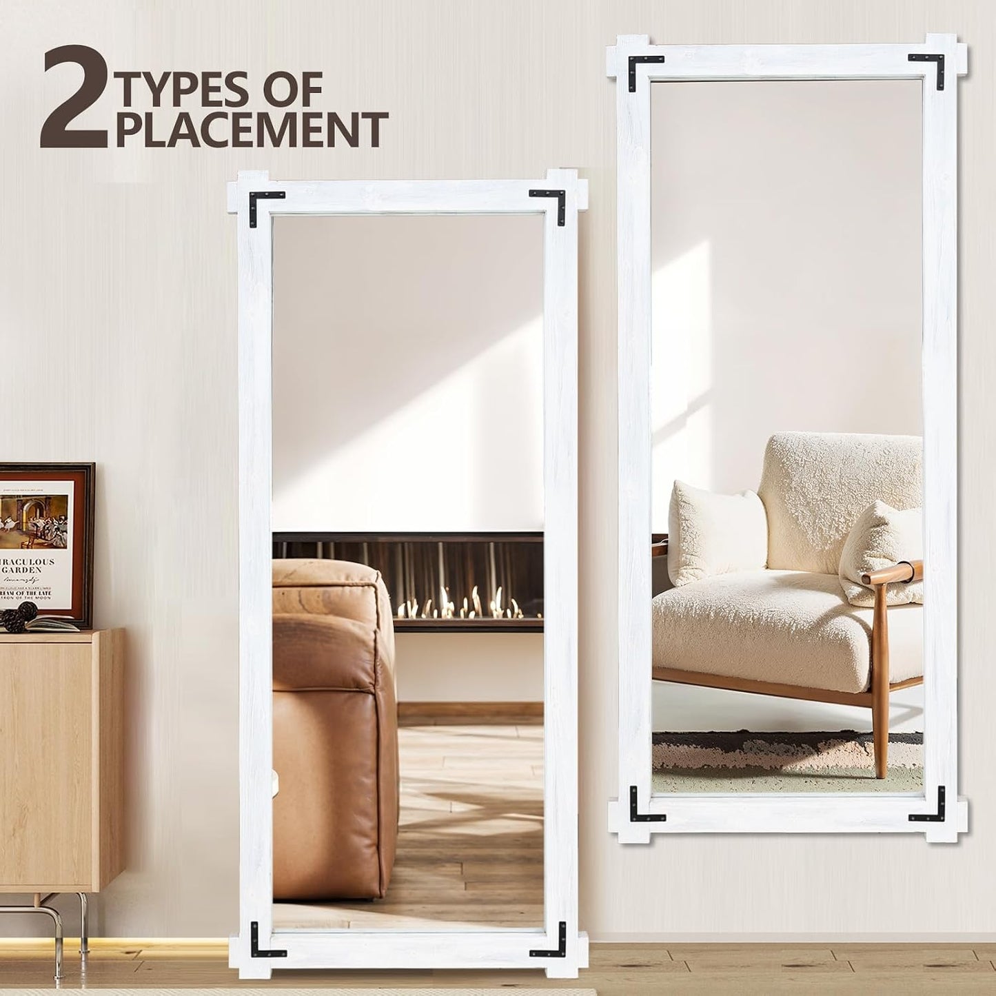 65x24 Inch Full Length Mirror, Pine Frame Full Body Standing Mirror with Metal Decorative, Black