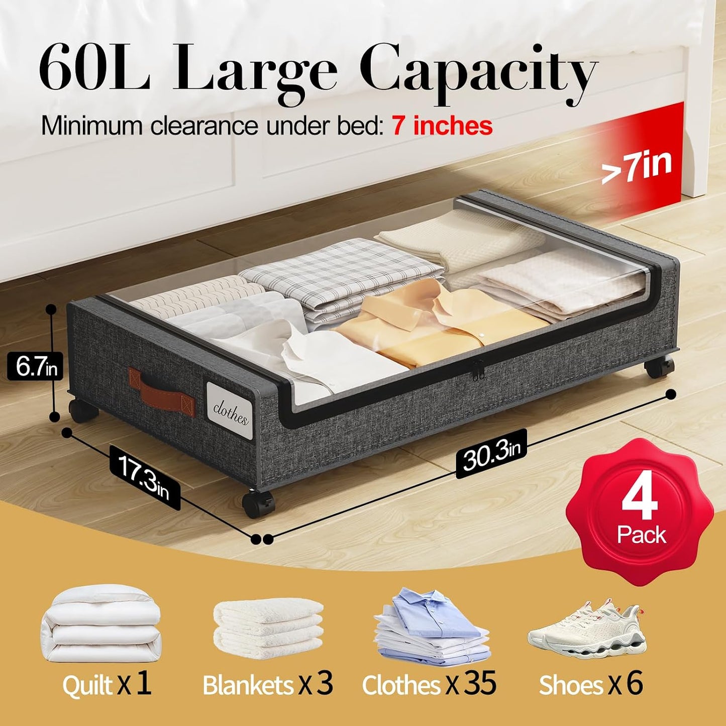 Yecaye Under Bed Storage with Wheels, 2 Pack Under the Bed Storage Containers with Lids & Label, XXL 60L Rolling Underbed Storage Drawers for Clothes, Blankets, Shoes, Black