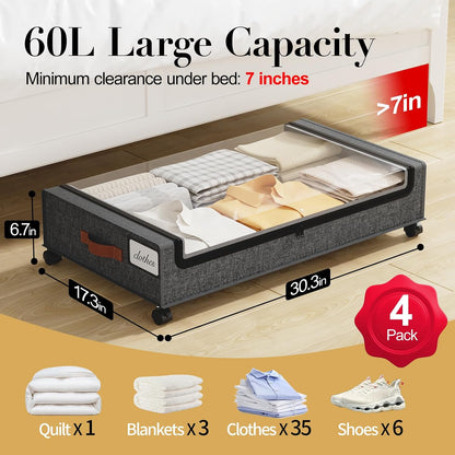 Yecaye Under Bed Storage with Wheels, 2 Pack Under the Bed Storage Containers with Lids & Label, XXL 60L Rolling Underbed Storage Drawers for Clothes, Blankets, Shoes, Black