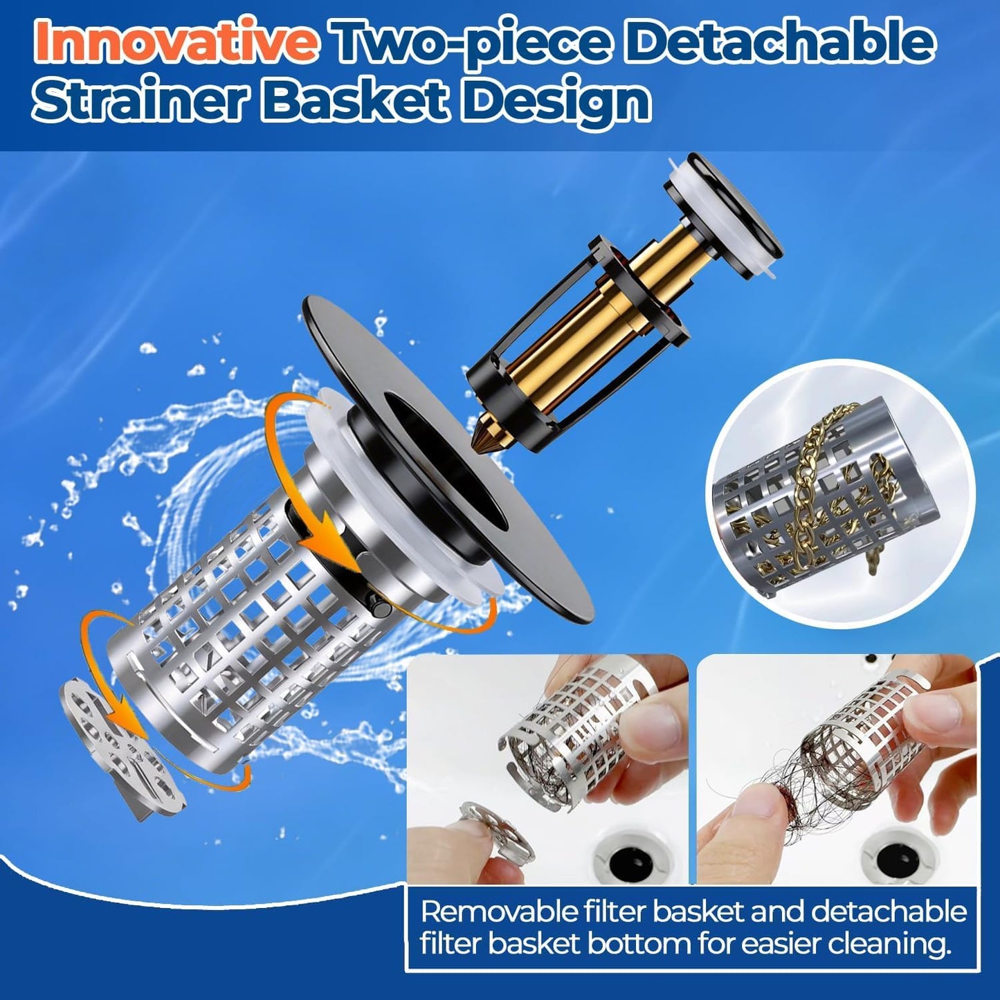 Bathroom Sink Drain Strainer(2PCS), Stainless Steel Pop-up Strainer Basket Hair Catcher with Removable Basket, Brass Bullet Core, Universal Fit 1.1-2.36 Inch
