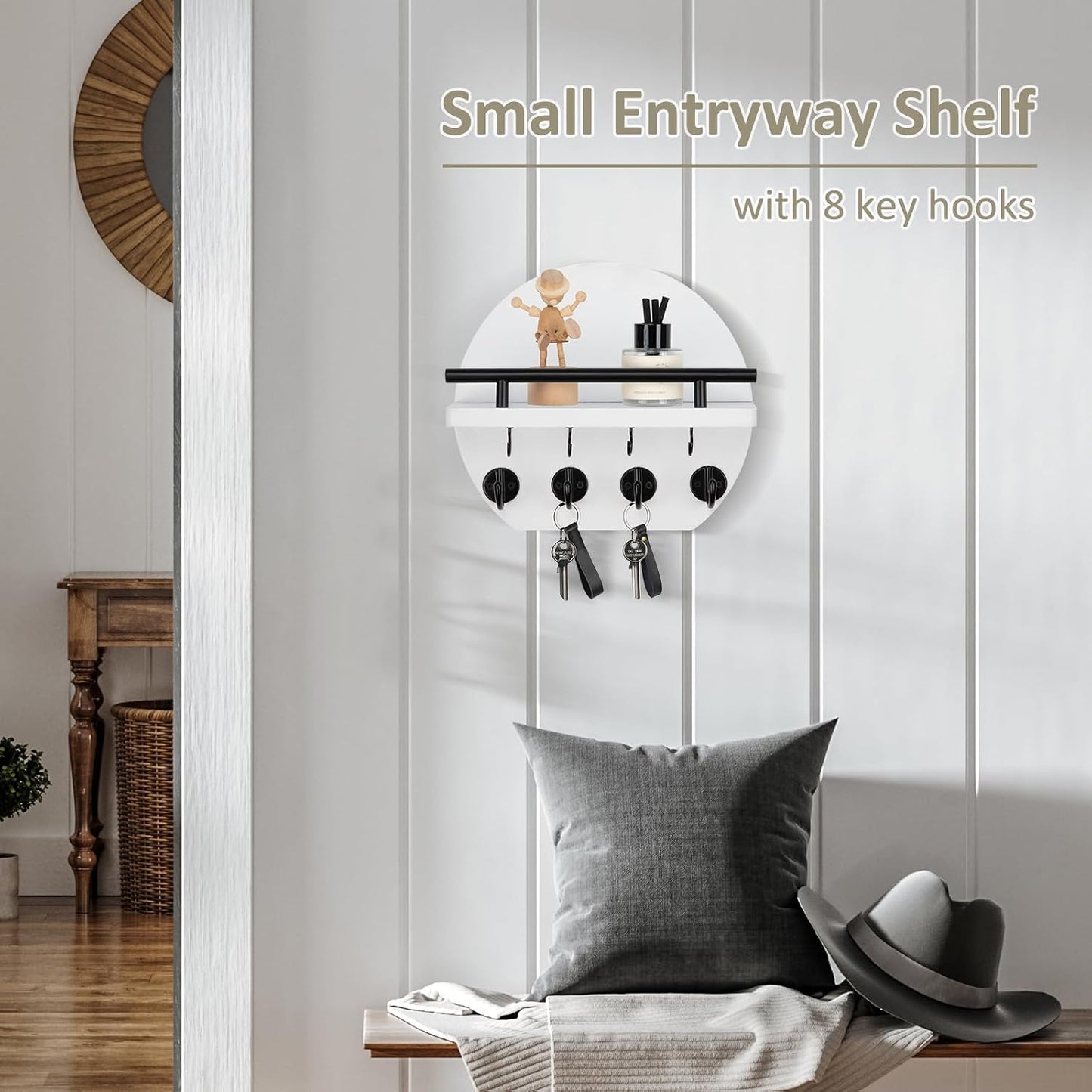Nekon Key Holder for Wall - 9.8 Inch Apartment Wall Decor with Shelf and 8 Key Hooks, Circular Wood Key Hanger for Home Decor (Black with Golden Hooks)