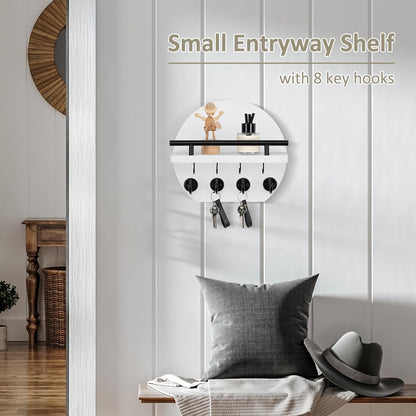 Nekon Key Holder for Wall - 9.8 Inch Apartment Wall Decor with Shelf and 8 Key Hooks, Circular Wood Key Hanger for Home Decor (Black with Golden Hooks)