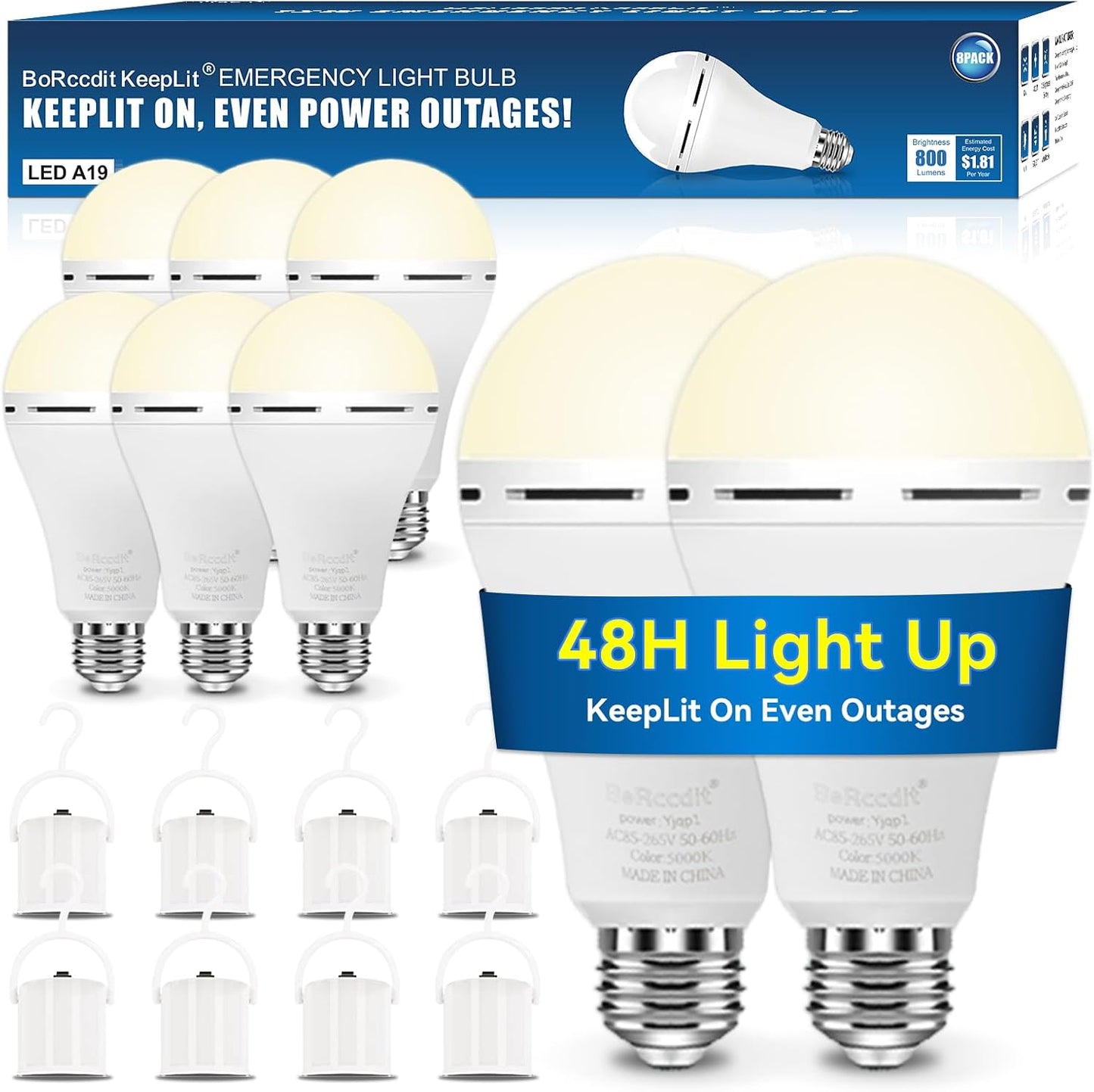 BoRccdit A21 6PK Emergency-Rechargeable-Light-Bulb, Keep Lighting During Power Outage, 12W 6500K LED 65W Equivalent Light Bulbs, 1200 mAh Battery Backup Light Bulbs for Home Power Failure