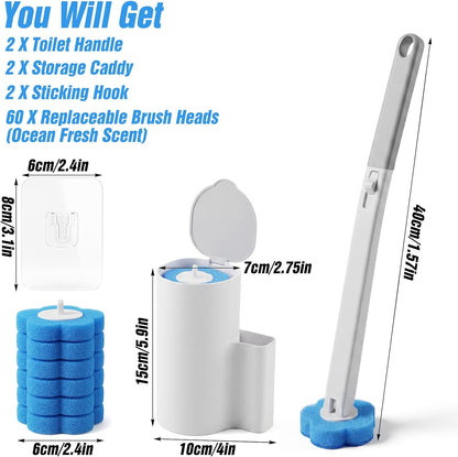 Disposable Toilet Brush and Holder Set 2 Pack Toilet Wand Kit with 60 Refills Wall Mounted Toilets Bowl Cleaner System for Bathroom Cleaning Sink Bathtub White Blue