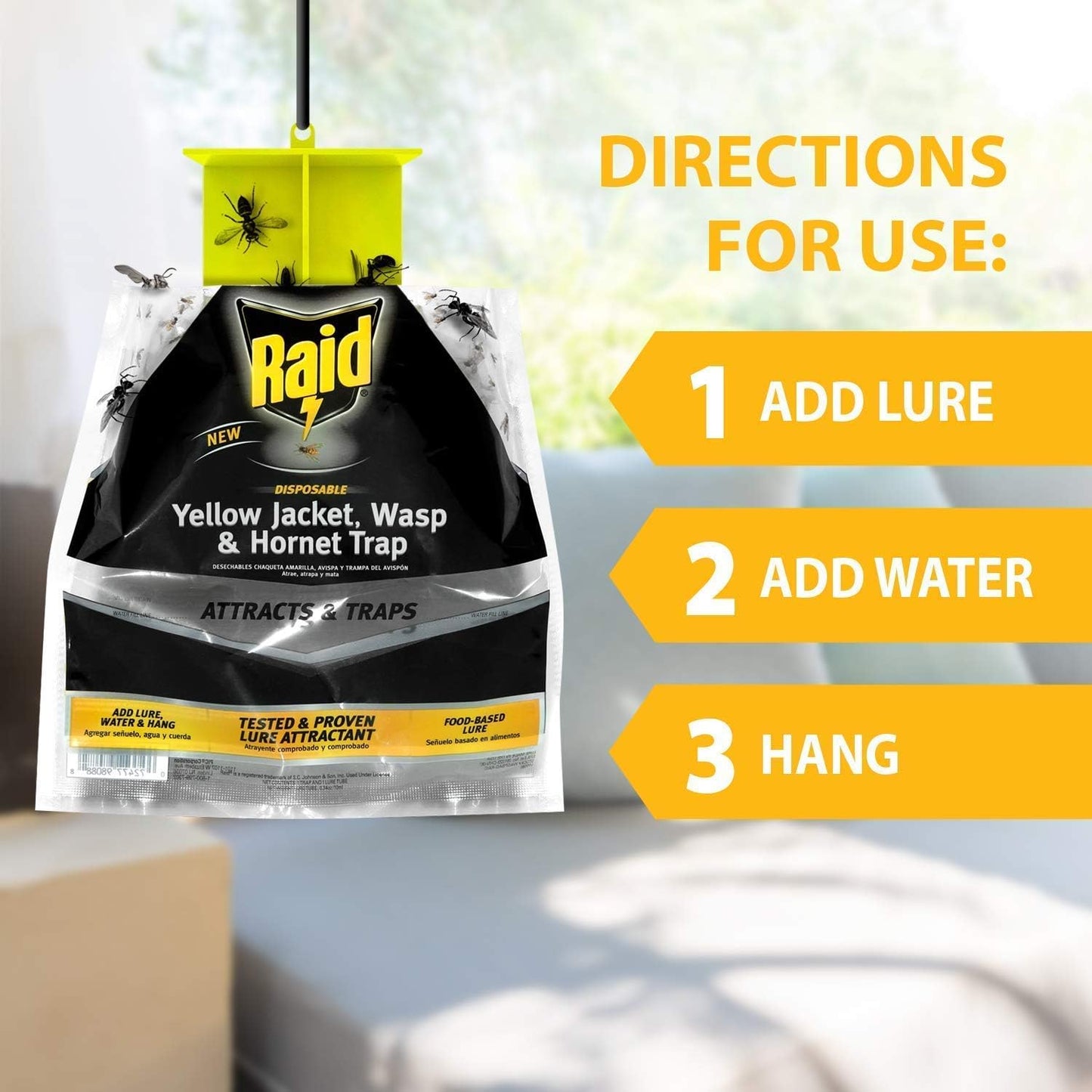 Raid Yellow Jacket, Wasp & Hornet Trap, 6 Pack, Disposable, Convenient, Hanging Fly Trap Bags with Food-Based Lure, No-Spray Outdoor Fly Traps Suitable Defense for Yards, Patios & Campsites