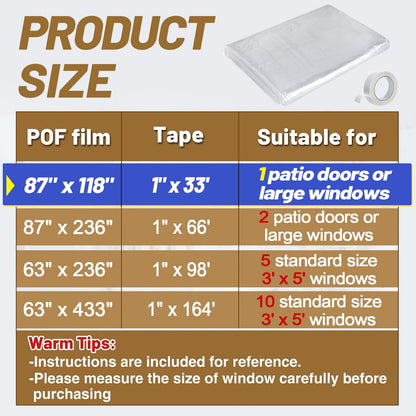 Apipi Patio Door Window Insulation for Winter - 87 x 236 in Thicken Sealing Plastic for Winterizing, Clear Shrink Film Cover Kit with Double-Side Tape for Large Window/ Sliding Door/French Door