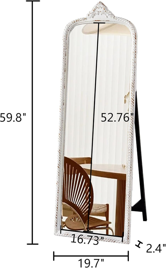 Vintage Arch Large Standing Mirror Full Length 60 Inch, Distressed Rustic White Wood Frame Arendahl Tall Mirrors, Floor Length Mirror with Stand for Living Room Bedroom Entryway