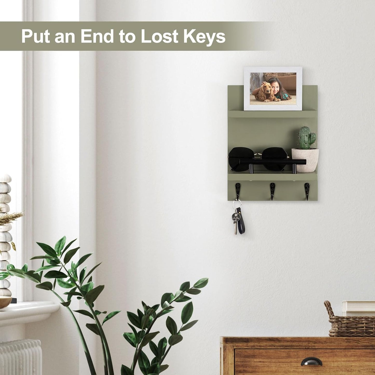 Key Holder Wall Mount, Mail Shelf Decor with 3 Key Hooks, Versatile Wood Wall Organizer for Entryway Hallway (8.2” x 10.6”x 3.6”) (White)