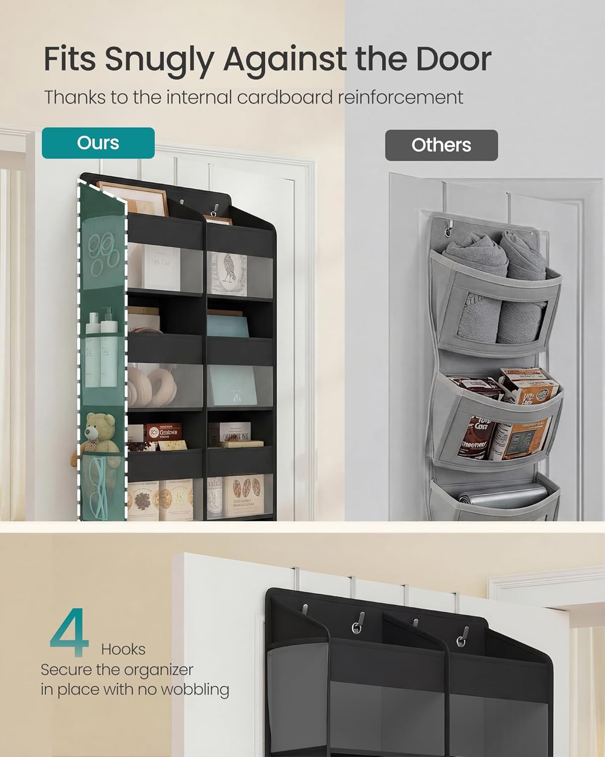 SONGMICS Over-the-Door Organizer, 9-Compartment Door Hanging Storage Shelf, Foldable Closet Hanging Organizer, Heavy-Duty, Metal Hooks, Transparent, Dove Gray URDH009GD01