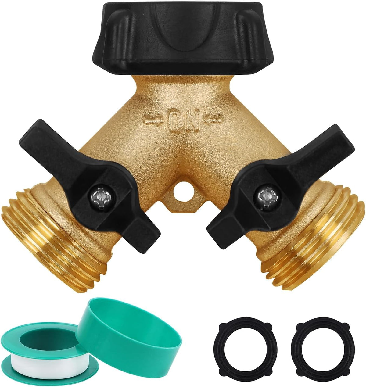Biswing 2 Pack Garden Hose Splitter 2 Way, Heavy Duty Brass Connector Tap Splitter, Y Splitter 2 Valves with 4 Extra Rubber Washers