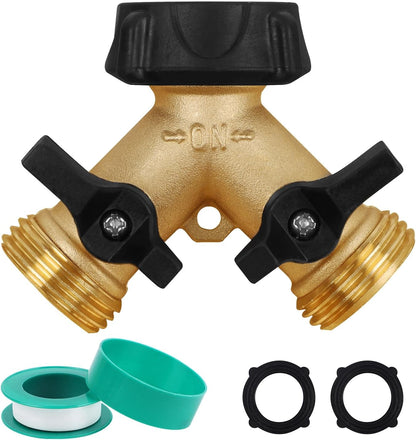Biswing 2 Pack Garden Hose Splitter 2 Way, Heavy Duty Brass Connector Tap Splitter, Y Splitter 2 Valves with 4 Extra Rubber Washers